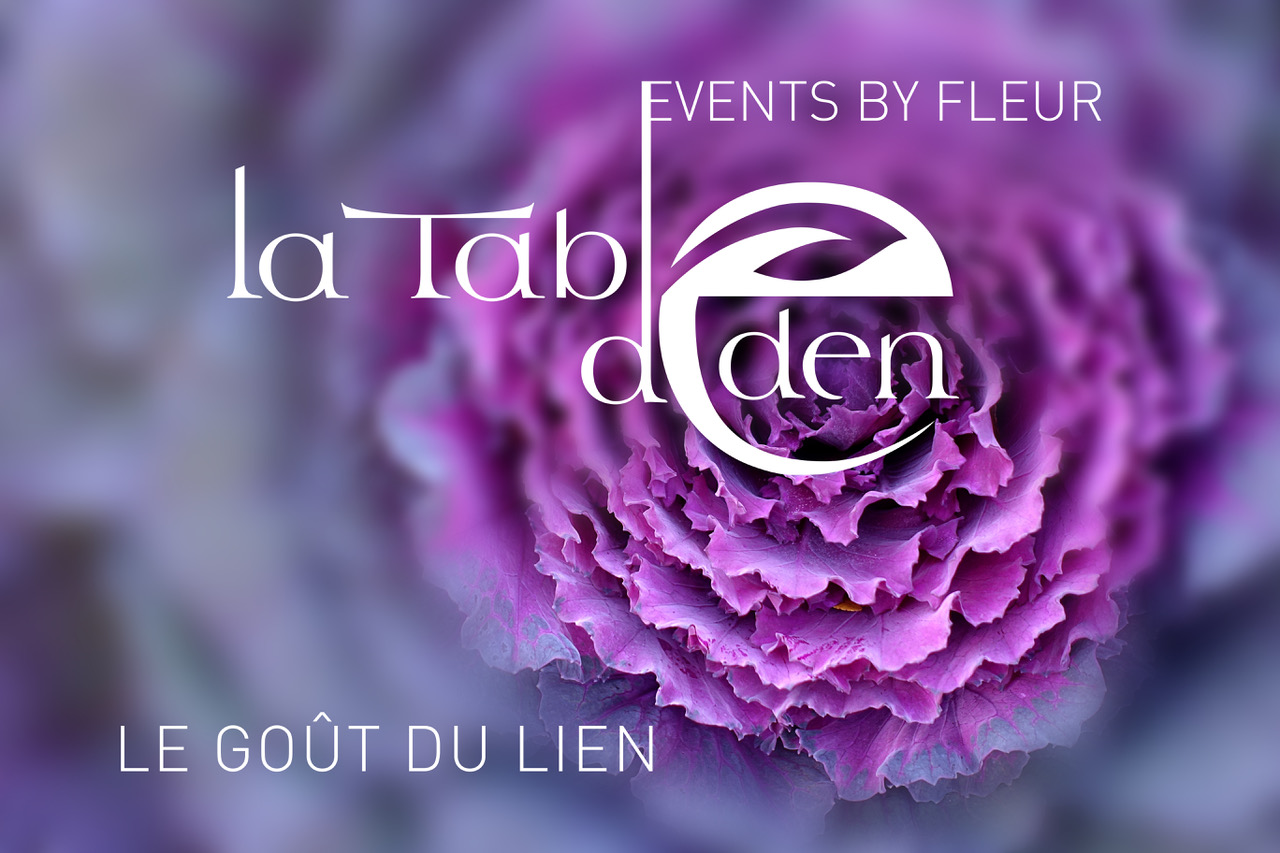 La Table d'Éden | Bannière et logo blanc sur fleur pourpre, le goût du lien