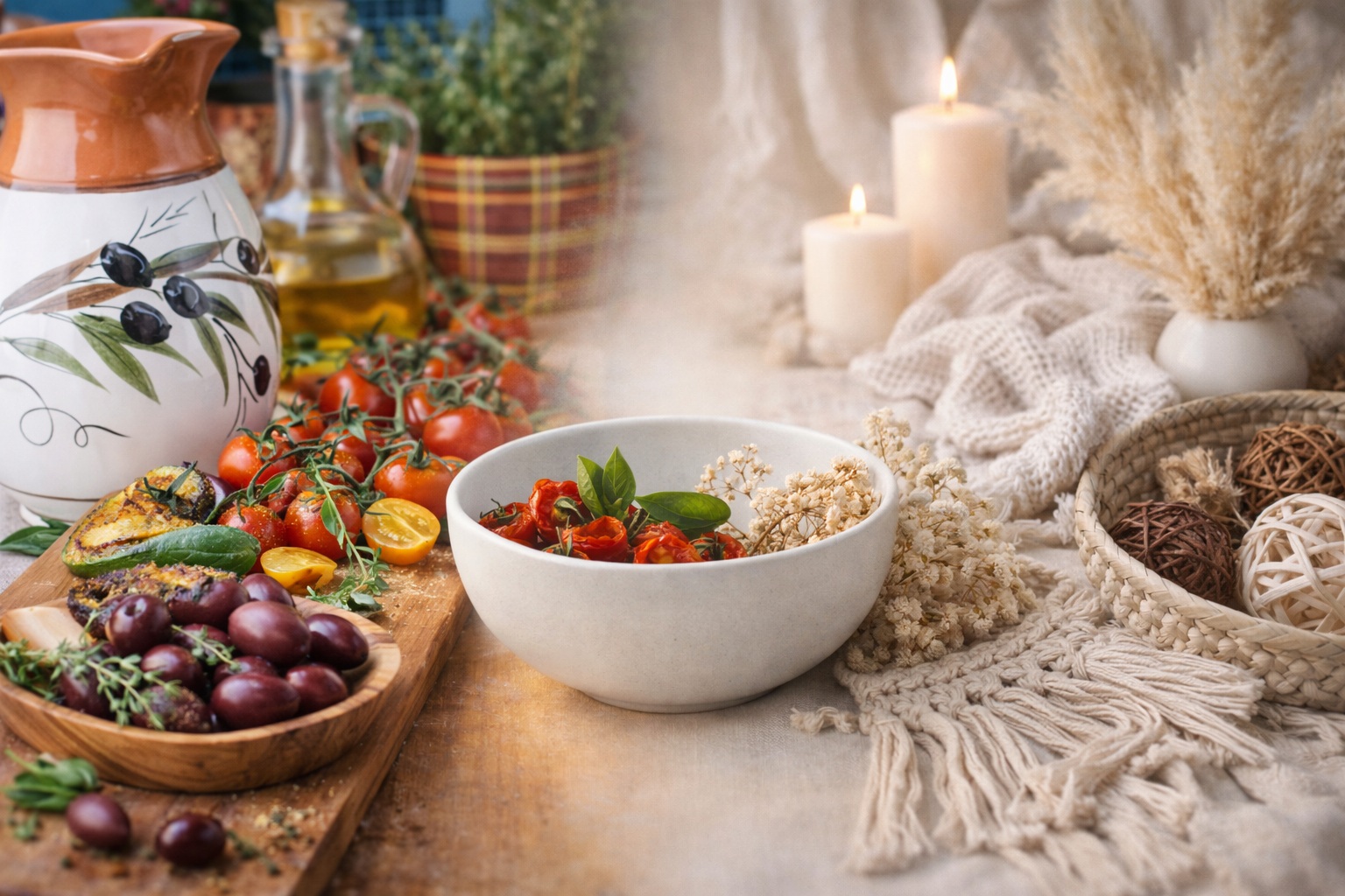 La Table d’Éden | Visuel d’accueil cuisine produits frais à gauche et décoration bohème blanche à droite, reliés par une coupelle céramique au centre